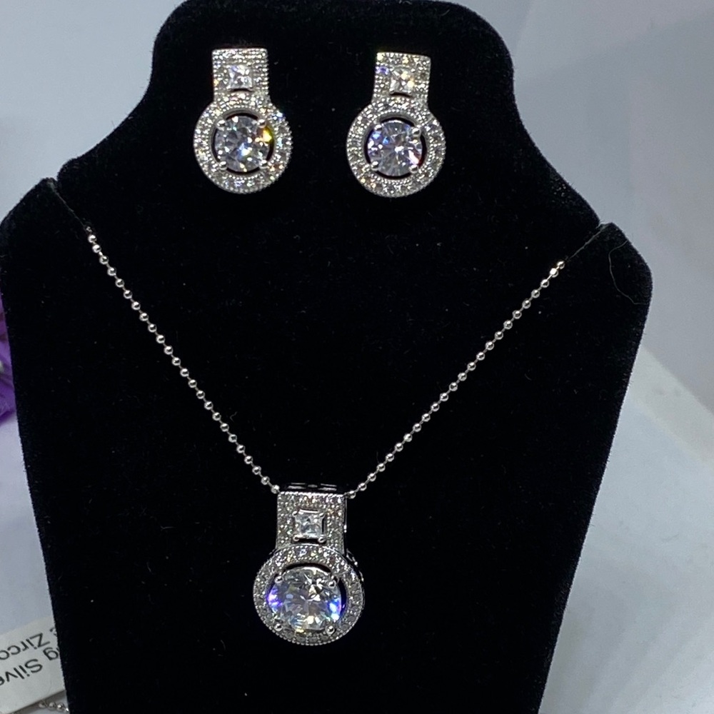 Sterling silver micro pave halos CZ necklace sets